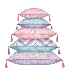 Ramadan social media banner with decorative oriental pillows, watercolor bohemian patterns, cozy islamic home style design