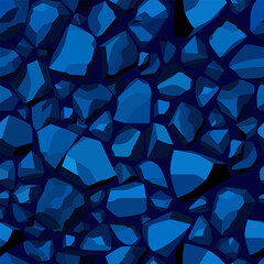 A seamless pattern of blue stones of various shapes and sizes on a dark background. Abstract background. Vector illustration in shades of blue for interior design and wallpaper.