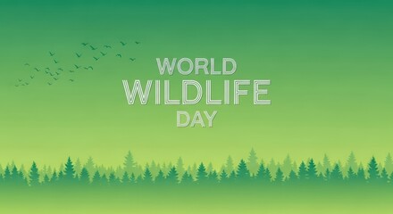 World wildlife day text with forest and birds silhouette on green gradient background