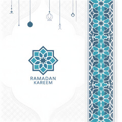 Ramadan Kareem background with geometric islamic mandala logo, turquoise ornament, clean minimalist vertical design