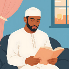 Ramadan social media banner with muslim man reading holy book indoors, calm modern islamic illustration background