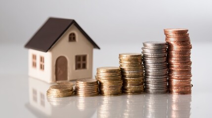 Home Savings Concept: House Model with Coin Stack on White Backdrop, Symbolizing Dream Home and Budget Planning