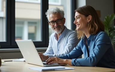 Obraz premium Portrait of smiling young businesswoman working with middle aged business man at office meeting, sitting in modern boardroom and discussing project using laptop computer. generative AI. High quality