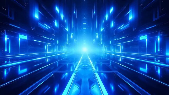 Blue neon corridor with glowing lines