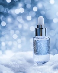 winter skincare bottle on snowy background with delicate frost crystals. luxury cold season skincare product photo