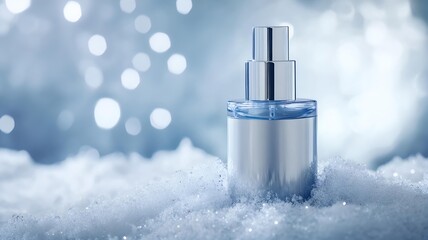 winter skincare bottle on snowy background with delicate frost crystals. luxury cold season skincare product photo