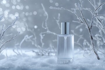 winter skincare bottle on snowy background with delicate frost crystals. luxury cold season skincare product photo