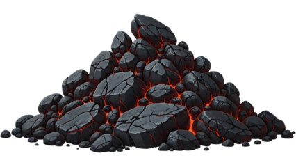 Pile of gray rocks with red glowing cracks isolated on a transparent background