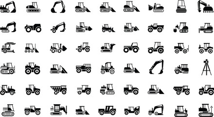 Collection of construction equipment icons in black and white machinery vehicle © rayhan039