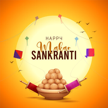happy makar sankranti festival background with kites flying, and sweets pot on yellow sunrise background