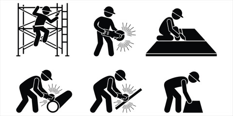 Construction Worker Icon Set Silhouettes on White Background Keywords: construction, worker, icon, silhouette, man, person