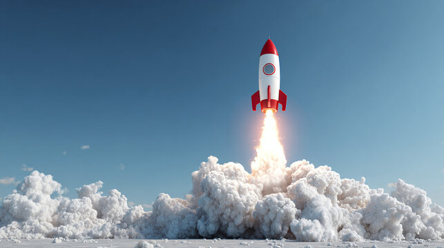 A retro-styled red and white rocket launching into the blue sky, symbolizing progress and innovation with its powerful propulsion blast.