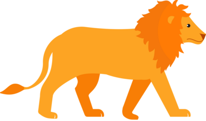 Majestic lion walks confidently, displaying vibrant orange coat, full mane, powerful physique.