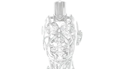 A striking black and white portrait of a metallic robotic head against a dark backdrop