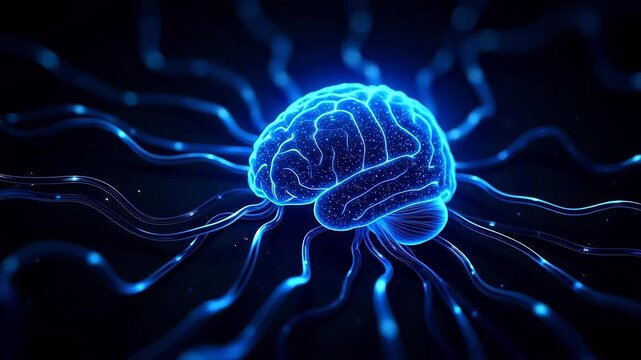 Blue glowing brain with neural connections