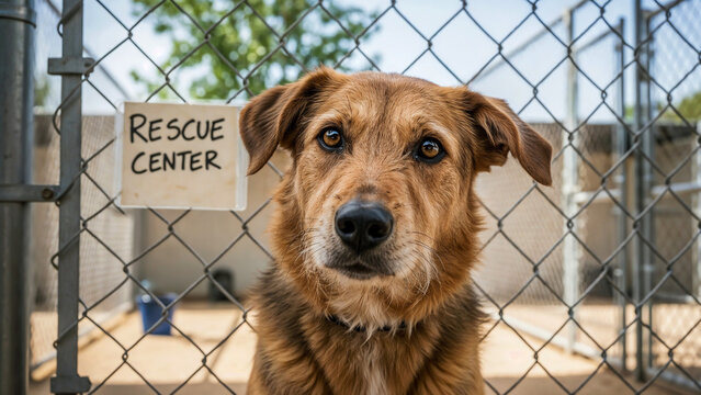 Dog behind rescue center gate symbolizing waiting and second chance
