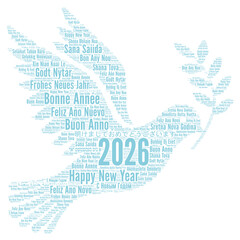 Happy New Year 2026 word cloud in different languages