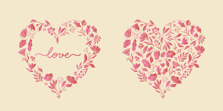 Floral Heart Wreath Romantic Lovely Vector Set