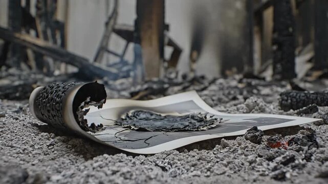 Charred Remains of a Photograph Lying on Ash and Debris in a Burned Building with Smoke Wisps and Glowing Embers