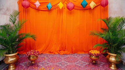Festive Makar Sankranti photo booth setup. Colorful kites hang on orange background. Treats in bowls, flowers decorate scene. Backdrop suitable for festival themed events in India. Traditional 
