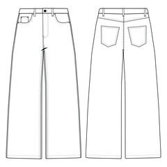 Women's Denim Baggy Jeans with Front and Back Pockets, Vector Illustration

