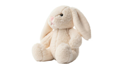 Isolated cream-colored bunny plush toy, fluffy animal with cute pink nose, charming object