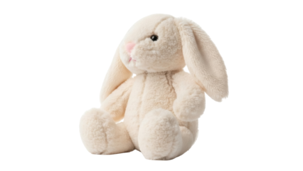 Isolated cream-colored bunny plush toy, fluffy animal with cute pink nose, charming object