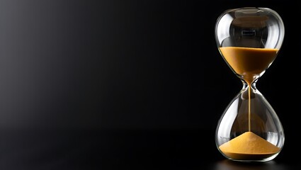 A glass hourglass with yellow sand is positioned against a dark background. 