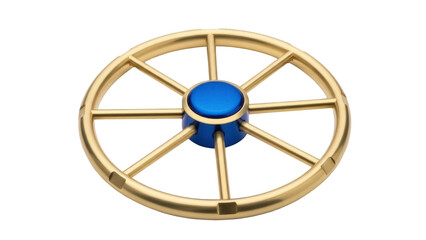 Isolated nautical steering wheel with blue center and metal accents, antique concept