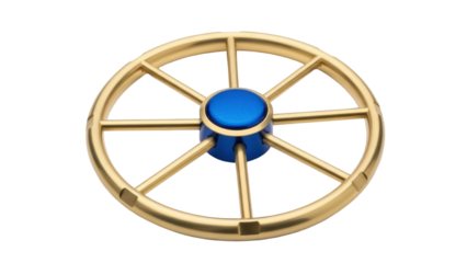 Isolated nautical steering wheel with blue center and metal accents, antique concept