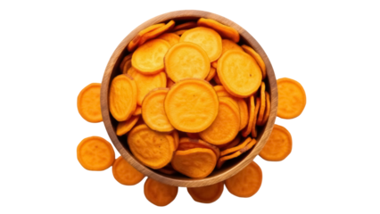 Isolated bowl of sweet potato chips healthy vegan snack food for crunchy vegetable diet