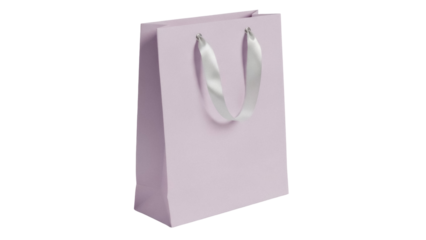 Isolated lavender-colored shopping bag with silver ribbon handles standing at angle on smooth surface