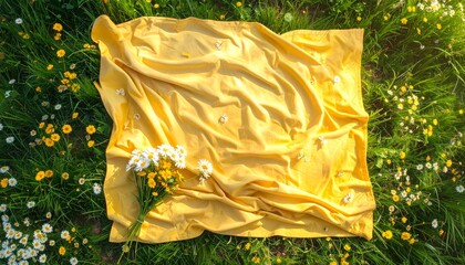 Top View Yellow Picnic Blanket on Grass
