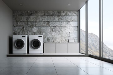 Contemporary laundry area features dual appliances set against a textured stone accent wall and vast window view