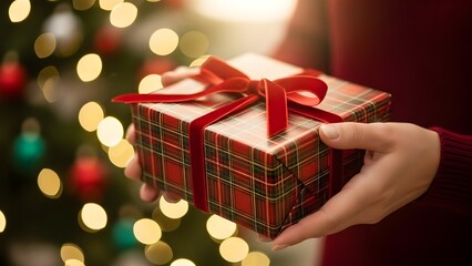 Close-up of hands holding a wrapped Christmas gift with warm festive lights in the background.