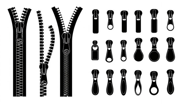 Collection of zippers and zipper pulls in black
