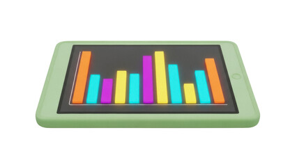 Isolated pastel green tablet computer displays a bar graph of business growth, analytics