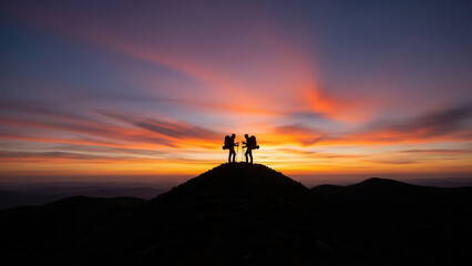 Elderly couple silhouetted against a vibrant sunset, walking with hiking sticks on a mountain peak, dramatic sky in the background