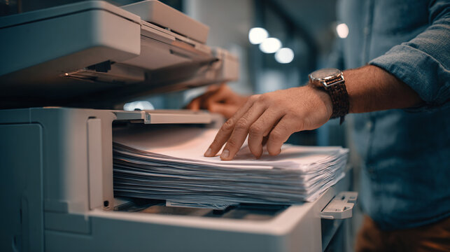 Man copying documents. An office worker using a multifunction printer in an office environment. Stack of papers ready to be printed or scanned.