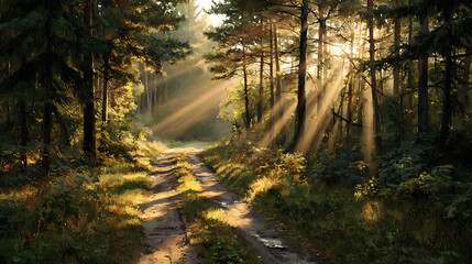 Obraz premium Forest Path Bathed in Golden Sunlight with Rays Through Trees