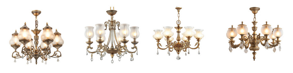 Fototapeta premium a collection of four ornate golden chandeliers with varying designs and illuminated bulbs on transparent background high quality