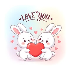 Two adorable white bunnies hold a bright red heart together happily.