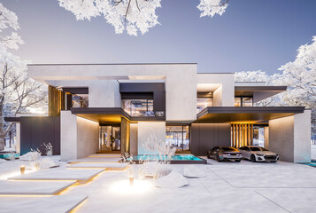 3d rendering of two-story house with parking and pool for sale or rent with concrete facade and beautiful landscaping on background. Cool winter day with shiny white snow