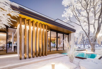 3d rendering of two-story house with parking and pool for sale or rent with concrete facade and beautiful landscaping on background. Cool winter day with shiny white snow