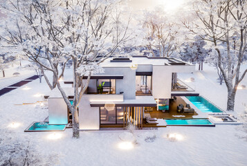 3d rendering of two-story house with parking and pool for sale or rent with concrete facade and beautiful landscaping on background. Cool winter day with shiny white snow