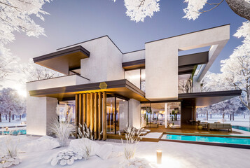 3d rendering of two-story house with parking and pool for sale or rent with concrete facade and beautiful landscaping on background. Cool winter day with shiny white snow