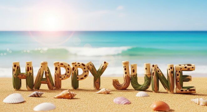 Happy june wooden letters on the beach with blue sea and clear sky - Powered by Adobe