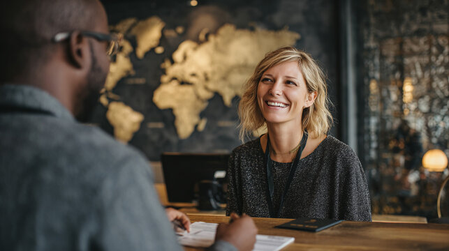 Smiling hotel receptionist assisting guest. The desk is wood with a gold map backdrop. Friendly service at a welcoming accommodation.
