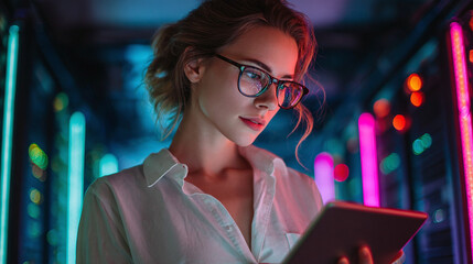 Woman in server room managing data on tablet. Surrounded by colorful lights. Focus on tech and information processing in modern setting.