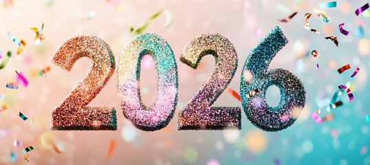 2026 numbers made of colorful glitter with falling confetti celebration